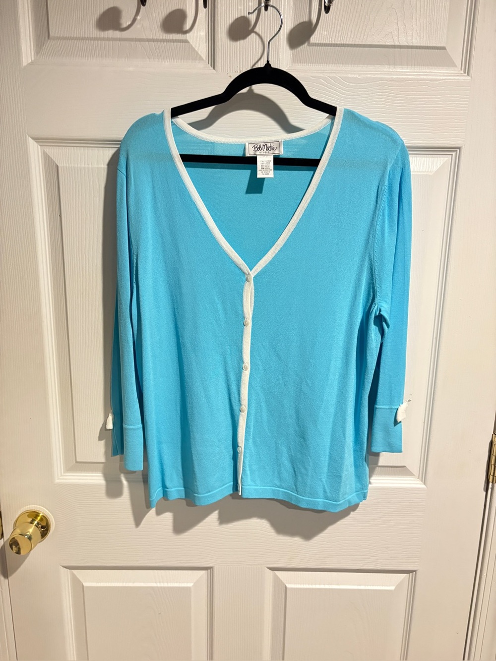 Bob Mackie Aqua Button-Front V-Neck Top with White Trim